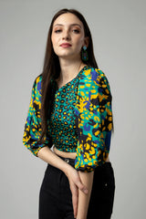 Abstract V Neck Puff Sleeve Top