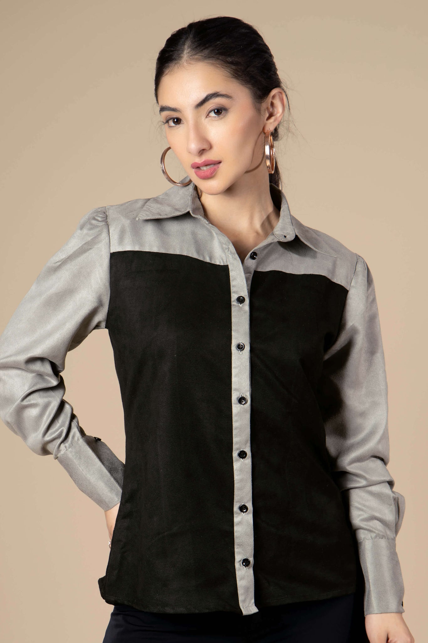 Black And Grey Contrast Suede Casual Shirt