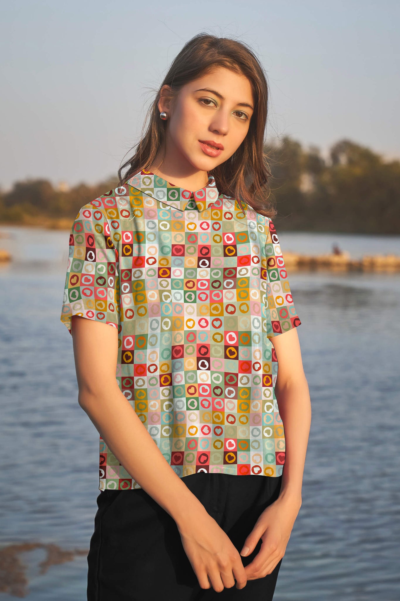 Multicoloured High Neck Back Button Stylish Top