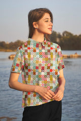 Multicoloured High Neck Back Button Stylish Top