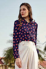 Navy Blue Spread Collar Valentine's Shirt for Women
