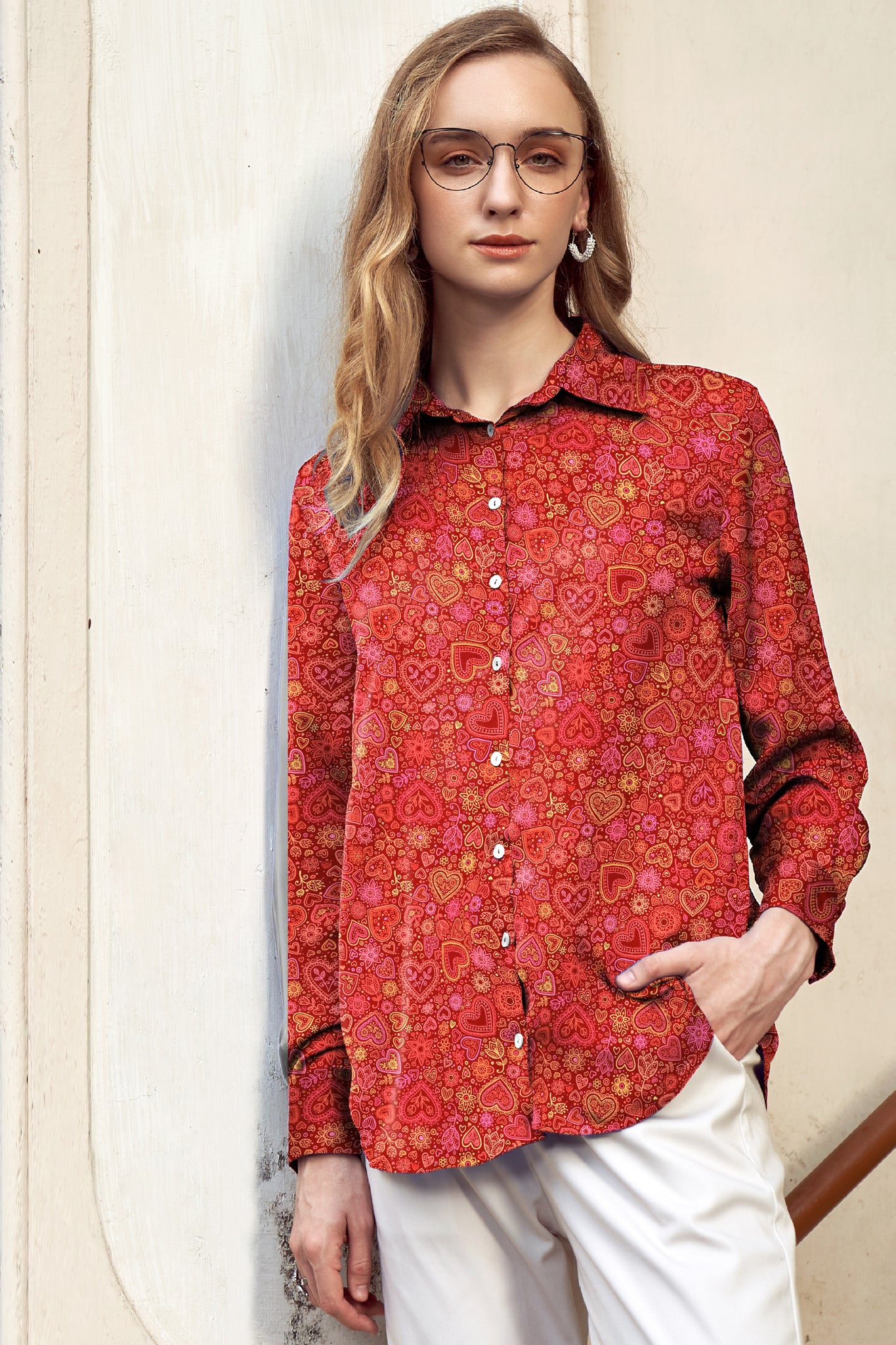 Red Quirky Heart Printed Shirt For Women