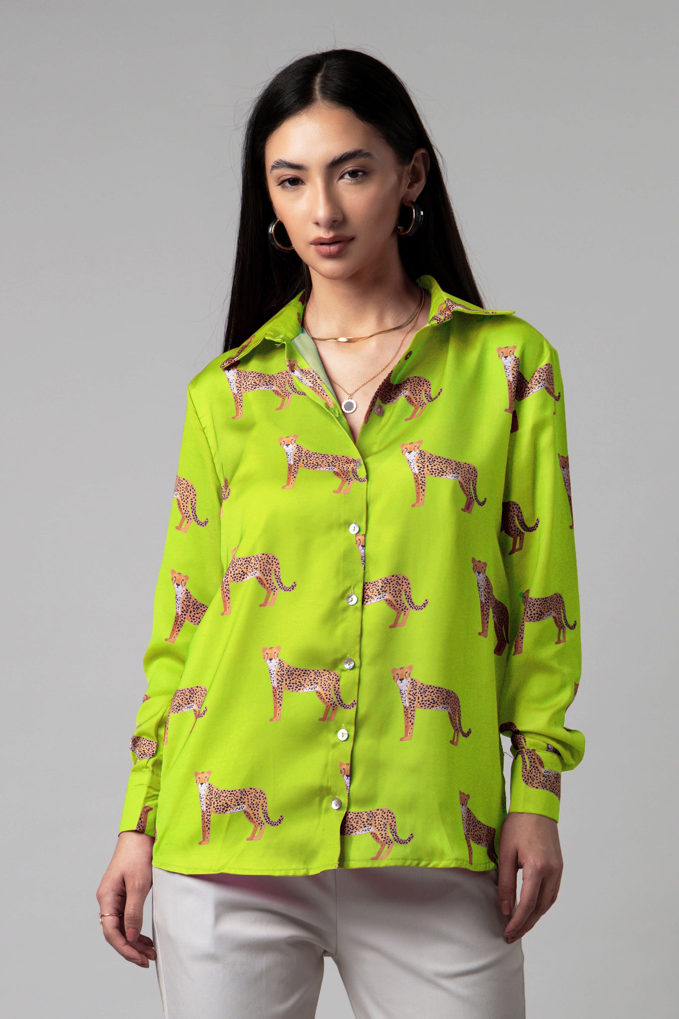 Lime Green Leopard Printed Shirt For Women